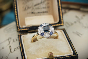 ART DECO c1920’s SAPPHIRE & DIAMOND RING 18ct YELLOW & WHITE GOLD