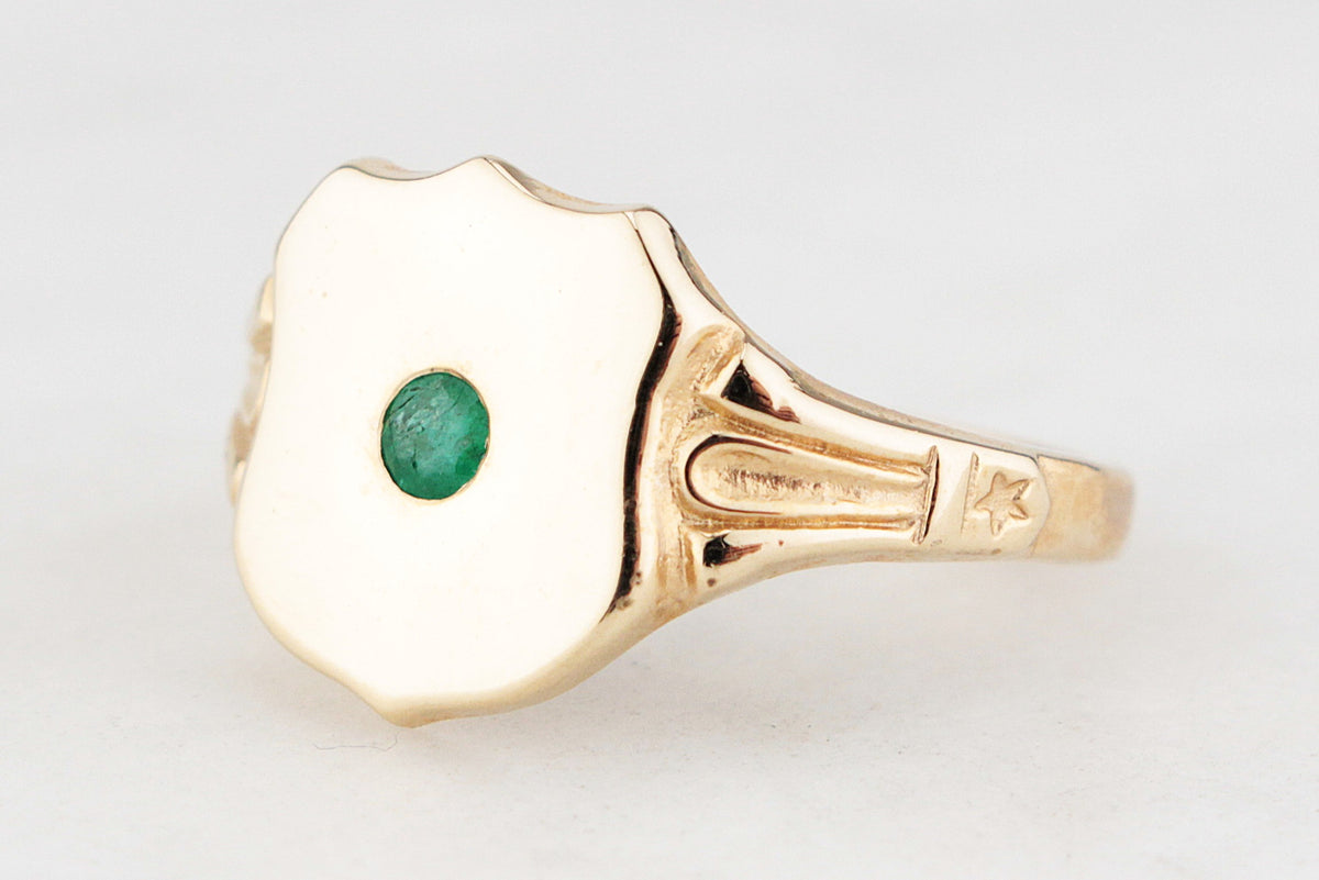 CUSTOM R&V EMERALD SHIELD SIGNET RING 9ct GOLD