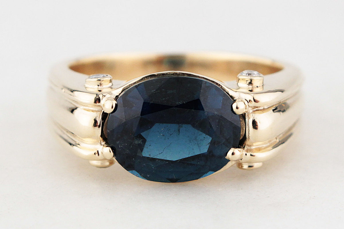 BESPOKE TEAL BLUE TOURMALINE &amp; DIAMOND RING 9ct GOLD