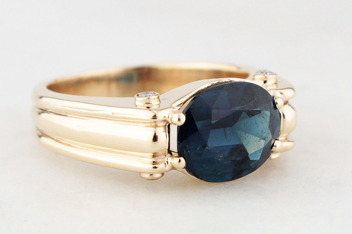BESPOKE TEAL BLUE TOURMALINE &amp; DIAMOND RING 9ct GOLD