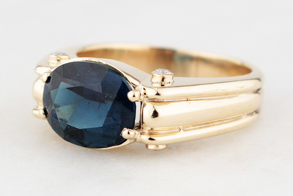 BESPOKE TEAL BLUE TOURMALINE &amp; DIAMOND RING 9ct GOLD