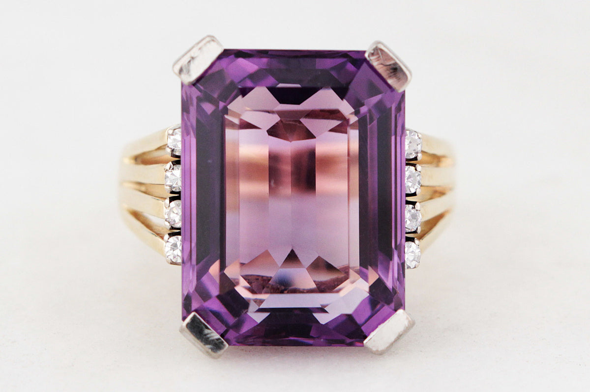 VINTAGE 12.50ct AMETHYST &amp; DIAMOND COCKTAIL RING 18ct GOLD