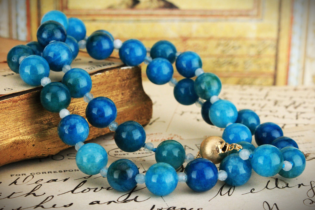 ‘JADE’ &amp; AQUAMARINE BEAD NECKLACE 14ct GOLD