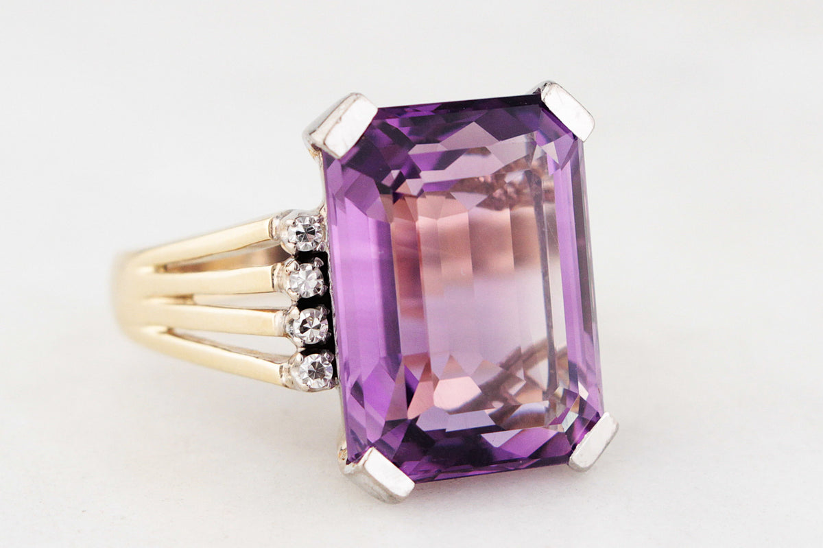 VINTAGE 12.50ct AMETHYST &amp; DIAMOND COCKTAIL RING 18ct GOLD