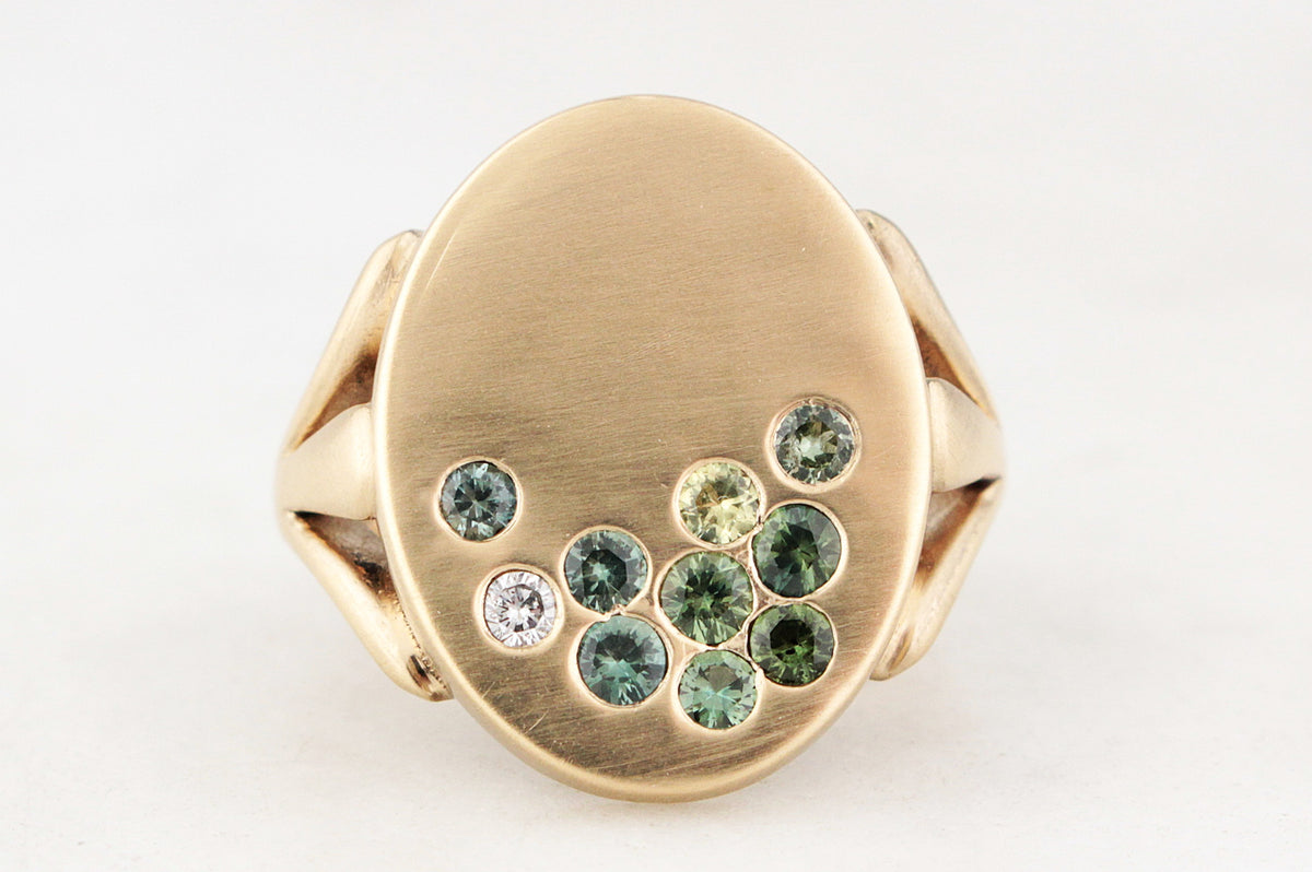 CUSTOM SAPPHIRE & DIAMOND ‘SCATTERED PEBBLES’ SIGNET RING 9ct GOLD
