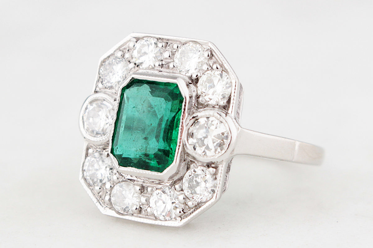 ART DECO c1920 EMERALD & DIAMOND RING 18ct GOLD