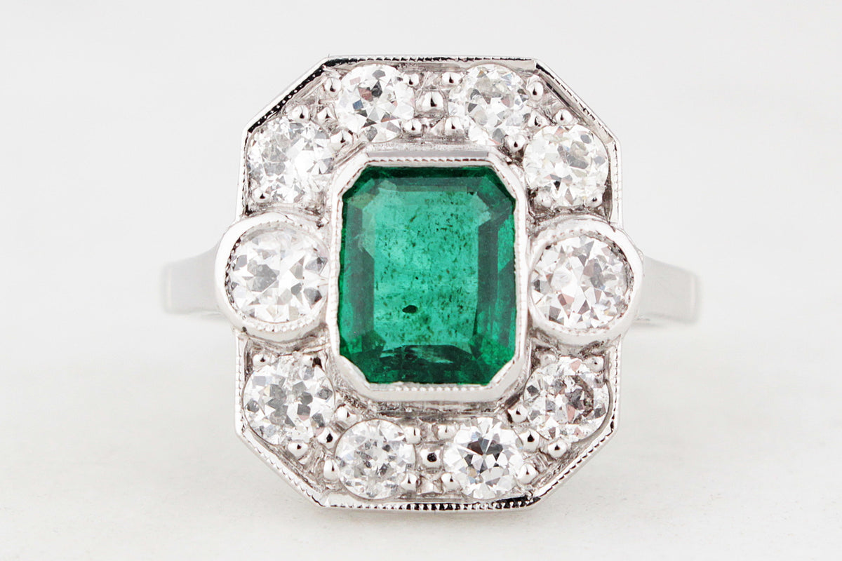 ART DECO c1920 EMERALD & DIAMOND RING 18ct GOLD