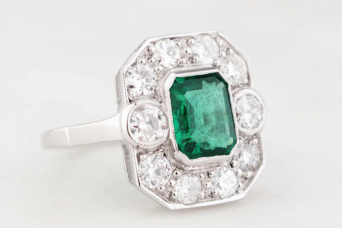 ART DECO c1920 EMERALD & DIAMOND RING 18ct GOLD