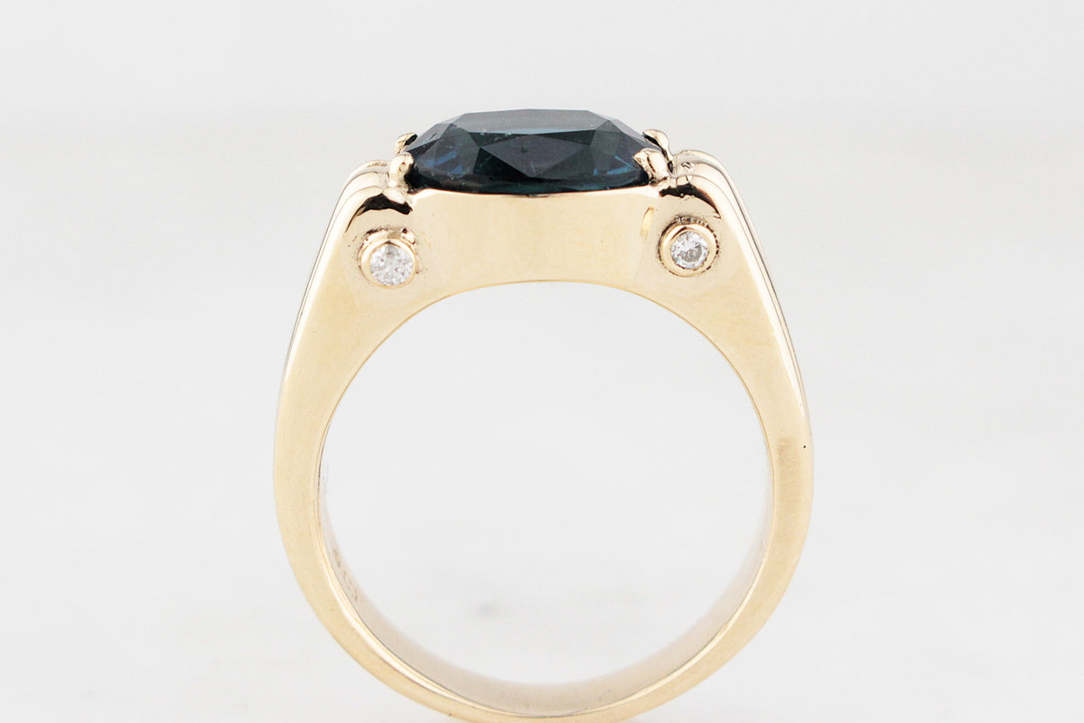 BESPOKE TEAL BLUE TOURMALINE &amp; DIAMOND RING 9ct GOLD