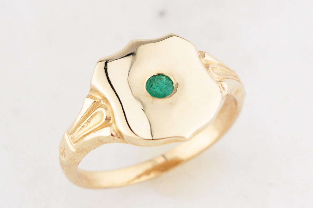 CUSTOM R&V EMERALD SHIELD SIGNET RING 9ct GOLD
