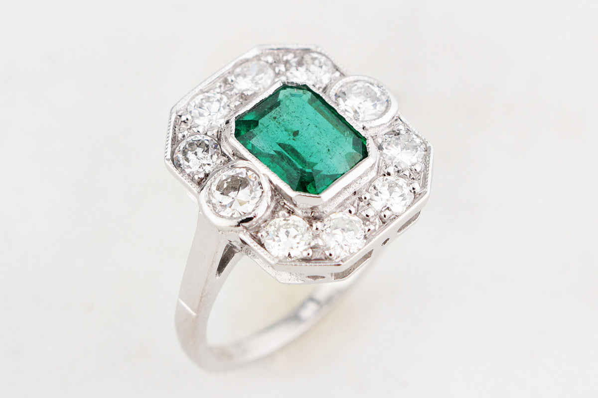 ART DECO c1920 EMERALD & DIAMOND RING 18ct GOLD