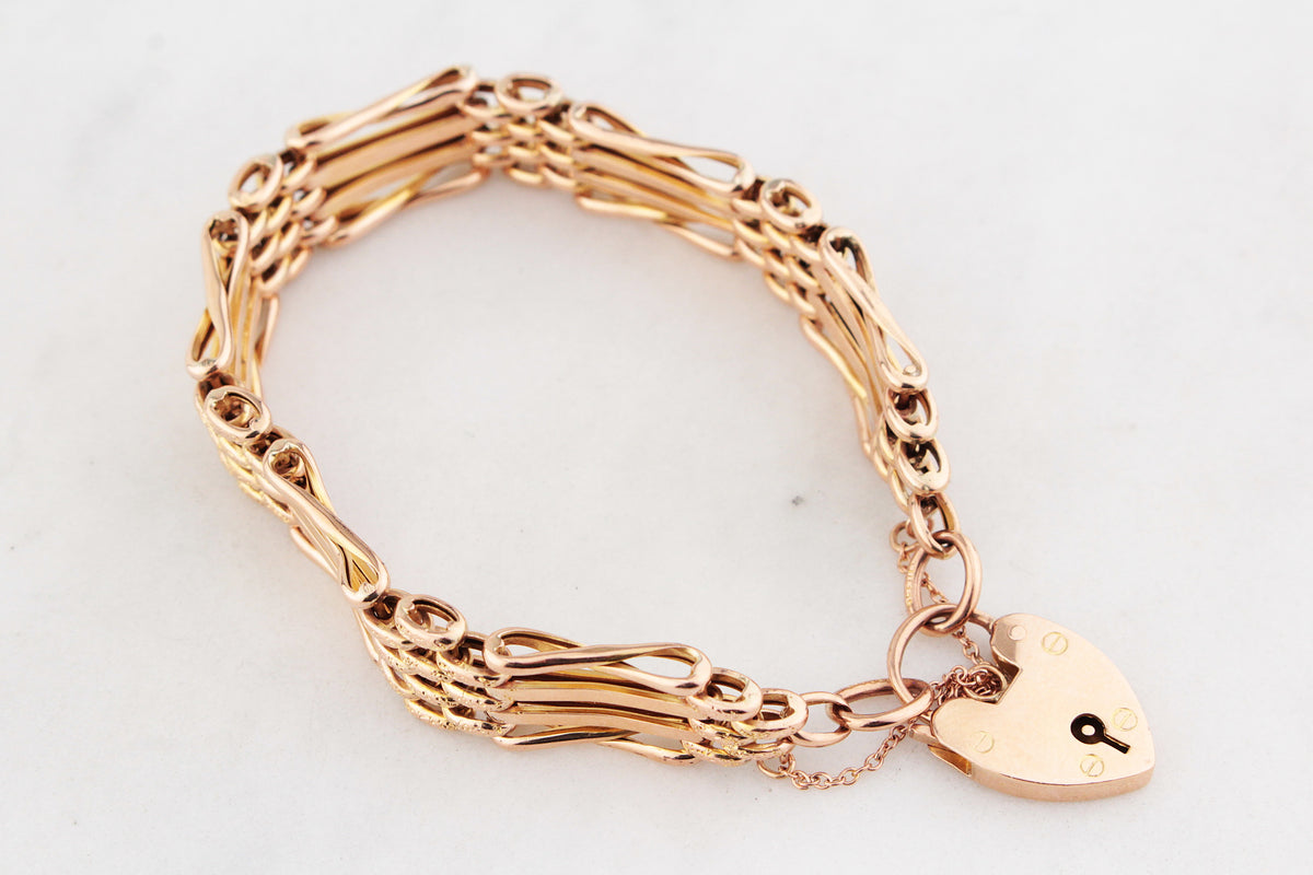 ANTIQUE EDWARDIAN GATE LINK BRACELET WITH HEART PADLOCK 9ct GOLD