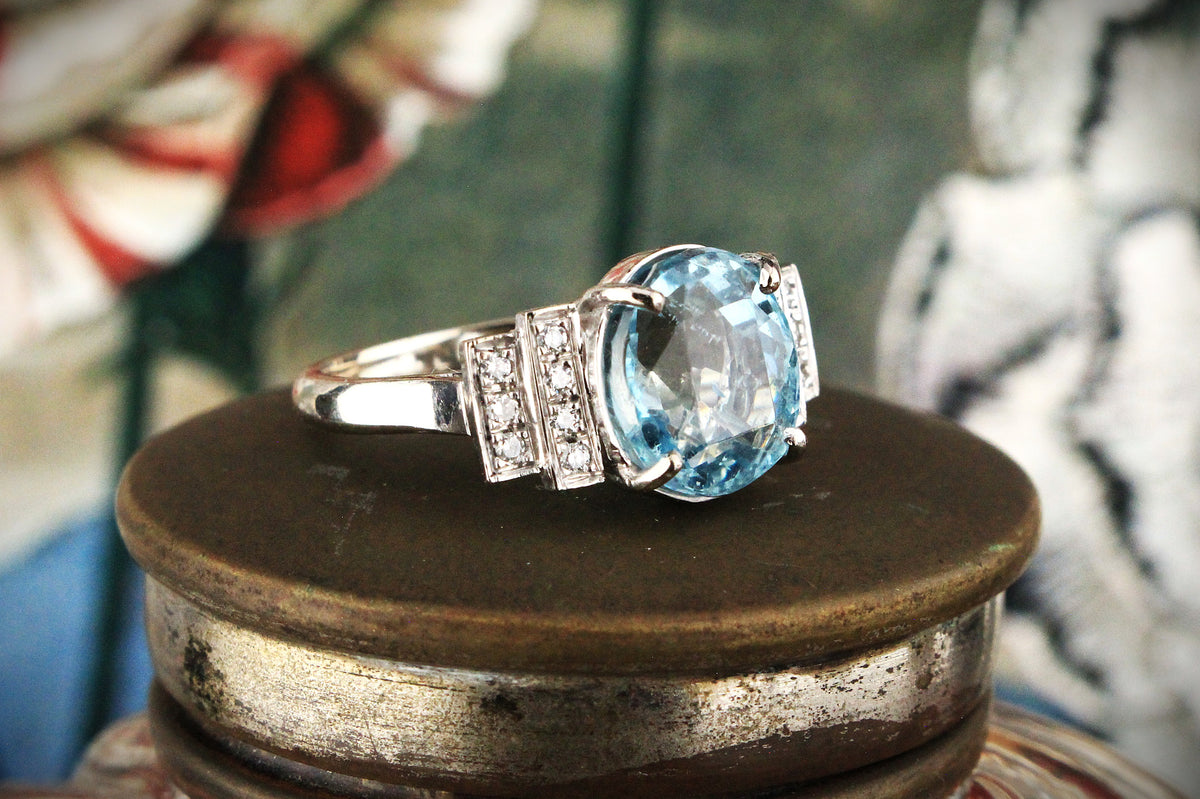 RETRO 4ct AQUAMARINE &amp; DIAMOND RING 18ct GOLD