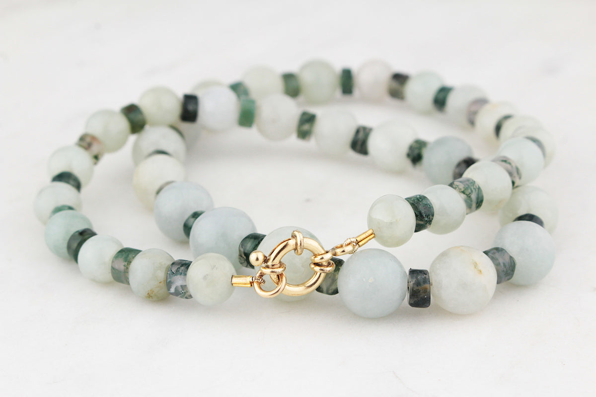 BESPOKE JADE &amp; MOSS AGATE NECKLACE 9ct GOLD