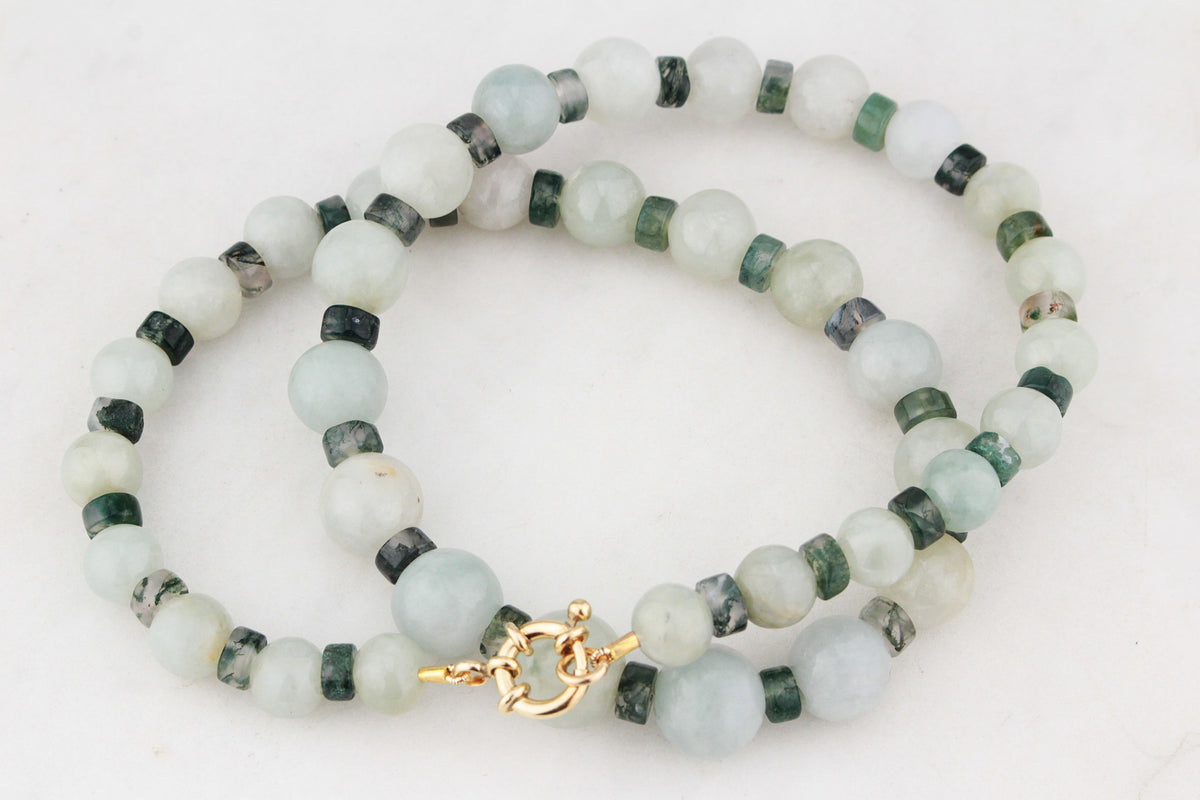 BESPOKE JADE &amp; MOSS AGATE NECKLACE 9ct GOLD