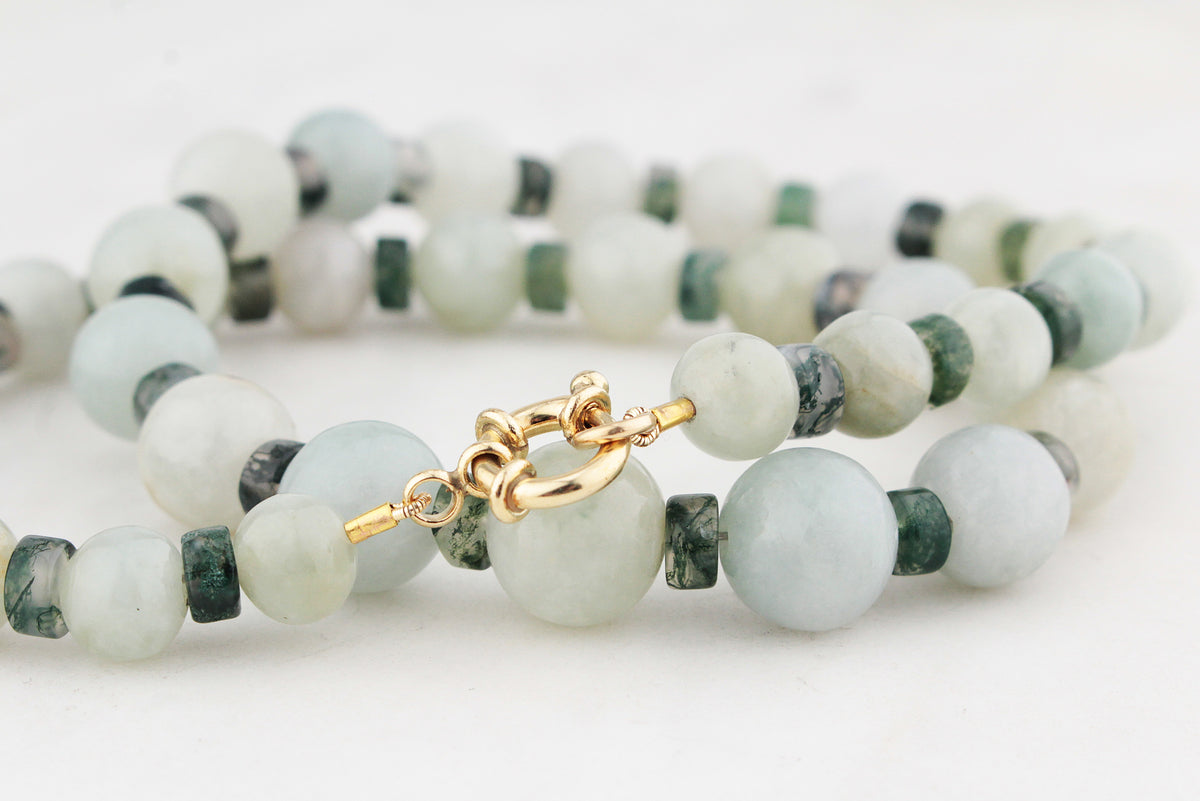 BESPOKE JADE &amp; MOSS AGATE NECKLACE 9ct GOLD