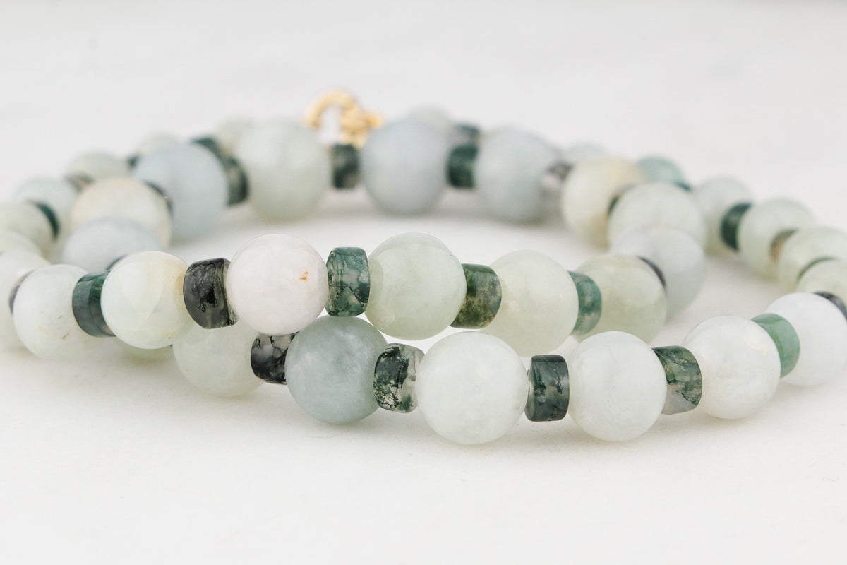 BESPOKE JADE &amp; MOSS AGATE NECKLACE 9ct GOLD
