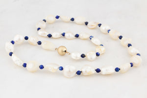 BESPOKE BAROQUE PEARL & LAPIS LAZULI NECKLACE 14ct GOLD