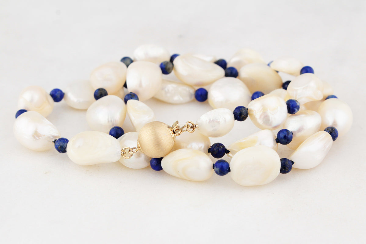 BESPOKE BAROQUE PEARL &amp; LAPIS LAZULI NECKLACE 14ct GOLD