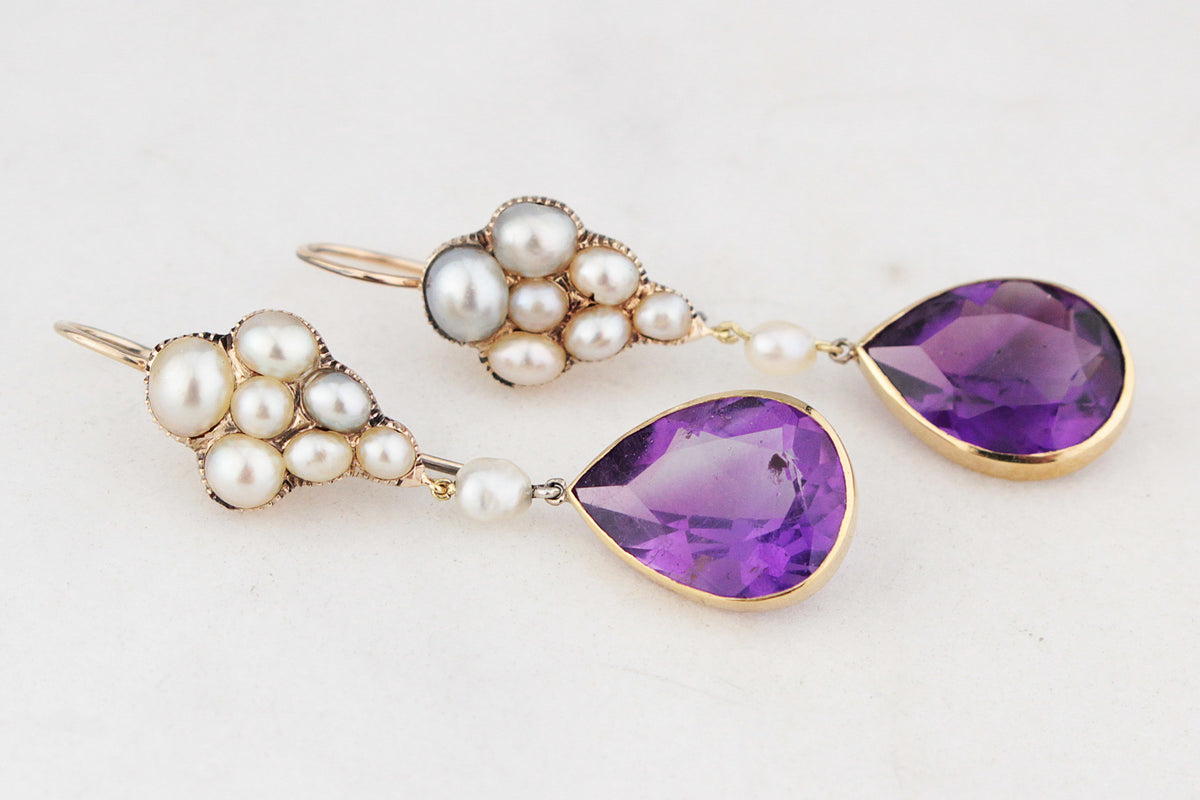 ANTIQUE VICTORIAN c1880 NATURAL PEARL &amp; AMETHYST EARRINGS 18ct GOLD