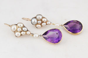 ANTIQUE VICTORIAN c1880 NATURAL PEARL & AMETHYST EARRINGS 18ct GOLD