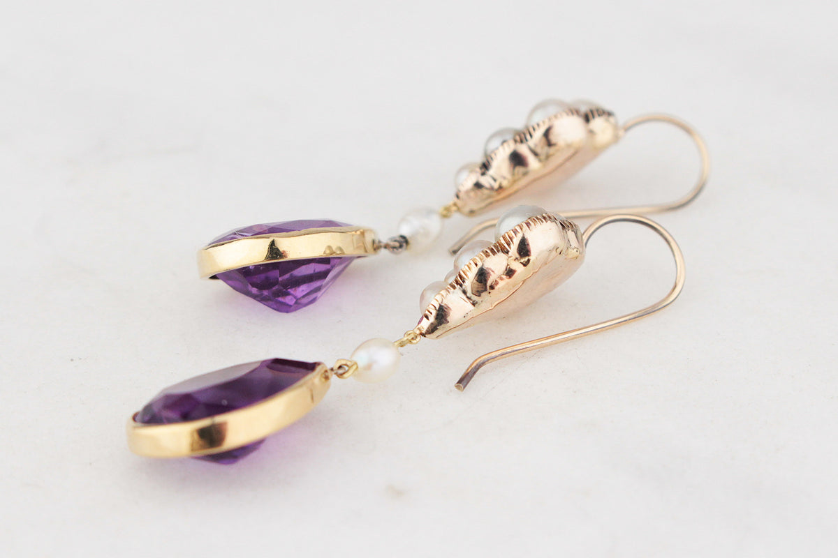 ANTIQUE VICTORIAN c1880 NATURAL PEARL &amp; AMETHYST EARRINGS 18ct GOLD