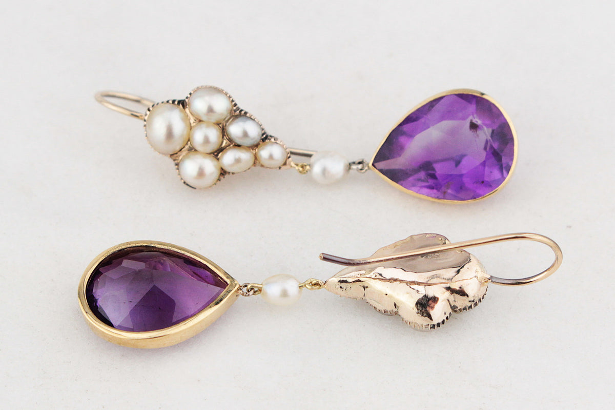 ANTIQUE VICTORIAN c1880 NATURAL PEARL &amp; AMETHYST EARRINGS 18ct GOLD