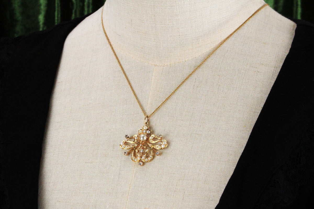 ANTIQUE AUSTRALIAN c1900 DIAMOND &amp; PEARL PENDANT 15ct GOLD
