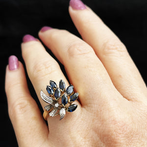 VINTAGE c1940/50 SAPPHIRE & DIAMOND COCKTAIL RING 14ct GOLD