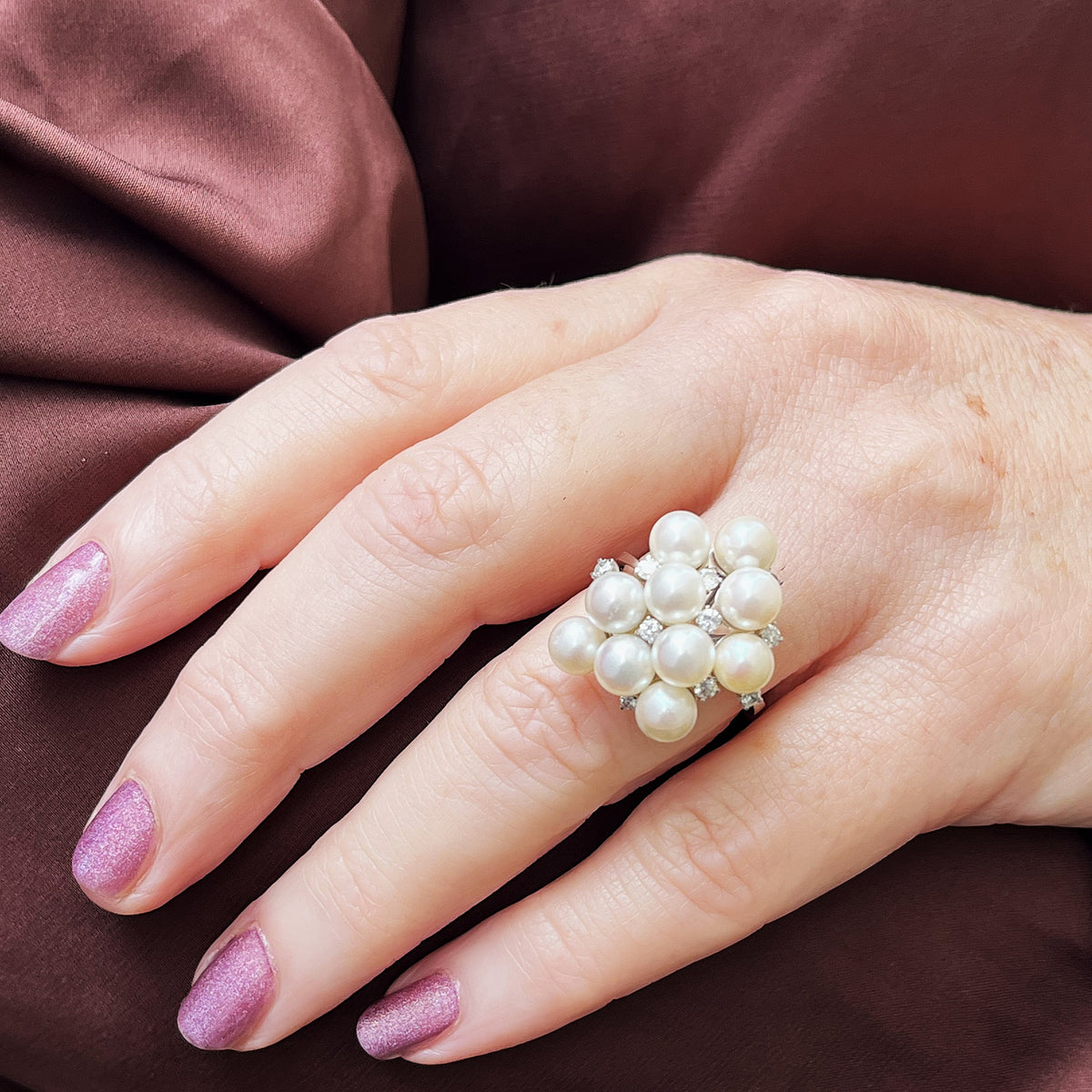 VINTAGE c1950/60 PEARL & DIAMOND COCKTAIL RING 18ct GOLD