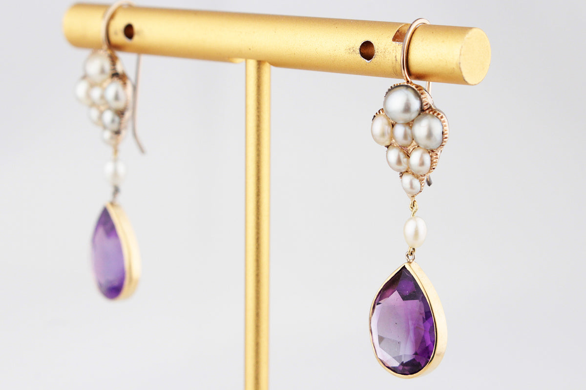 ANTIQUE VICTORIAN c1880 NATURAL PEARL &amp; AMETHYST EARRINGS 18ct GOLD