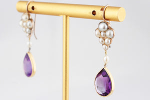 ANTIQUE VICTORIAN c1880 NATURAL PEARL & AMETHYST EARRINGS 18ct GOLD