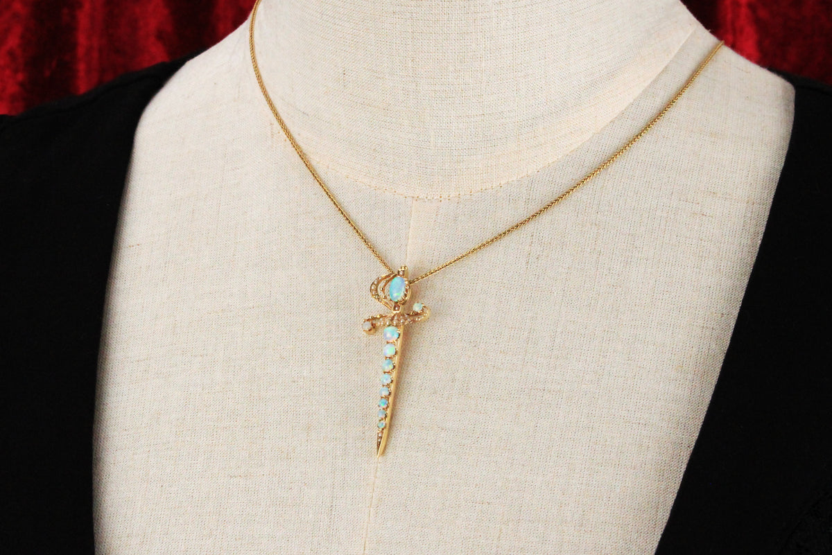 ANTIQUE VICTORIAN OPAL &amp; SEED PEARL SWORD PENDANT 15ct GOLD