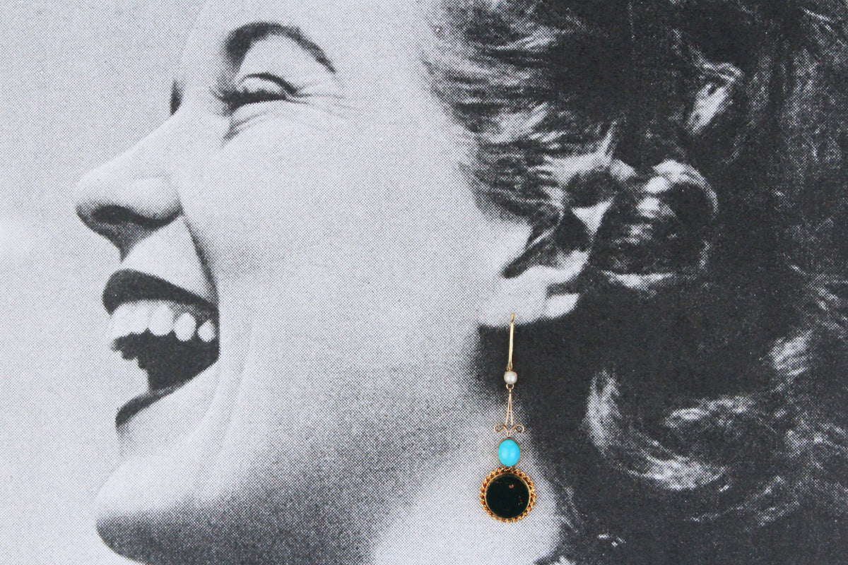 ANTIQUE PEARL TURQUOISE &amp; BLOODSTONE EARRINGS 9ct GOLD