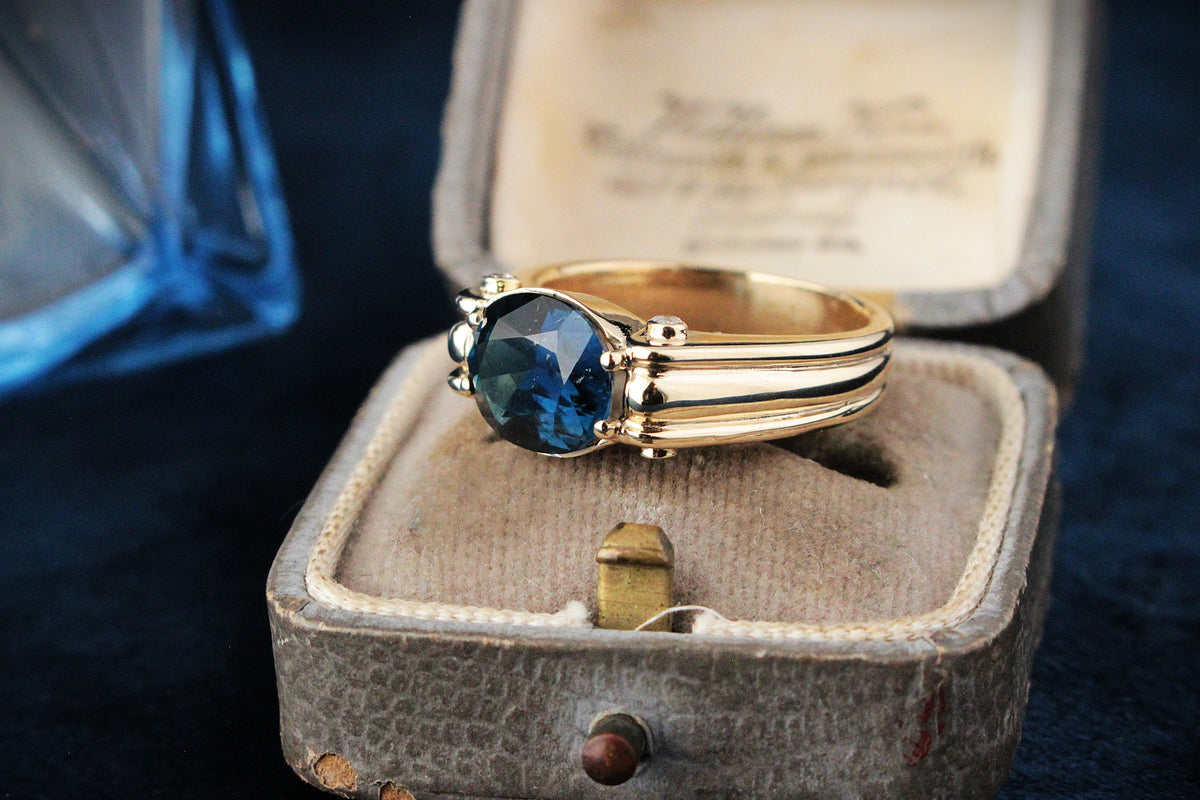 BESPOKE TEAL BLUE TOURMALINE &amp; DIAMOND RING 9ct GOLD