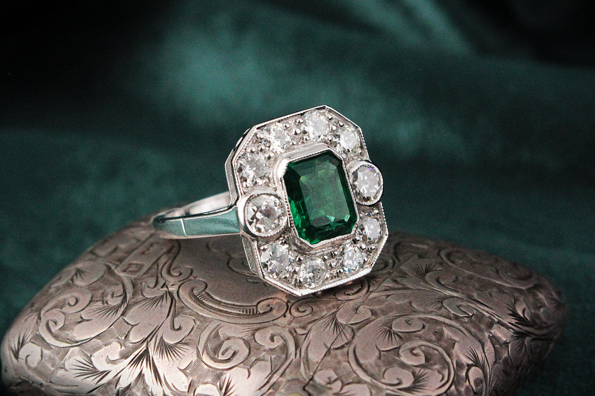 ART DECO c1920 EMERALD & DIAMOND RING 18ct GOLD