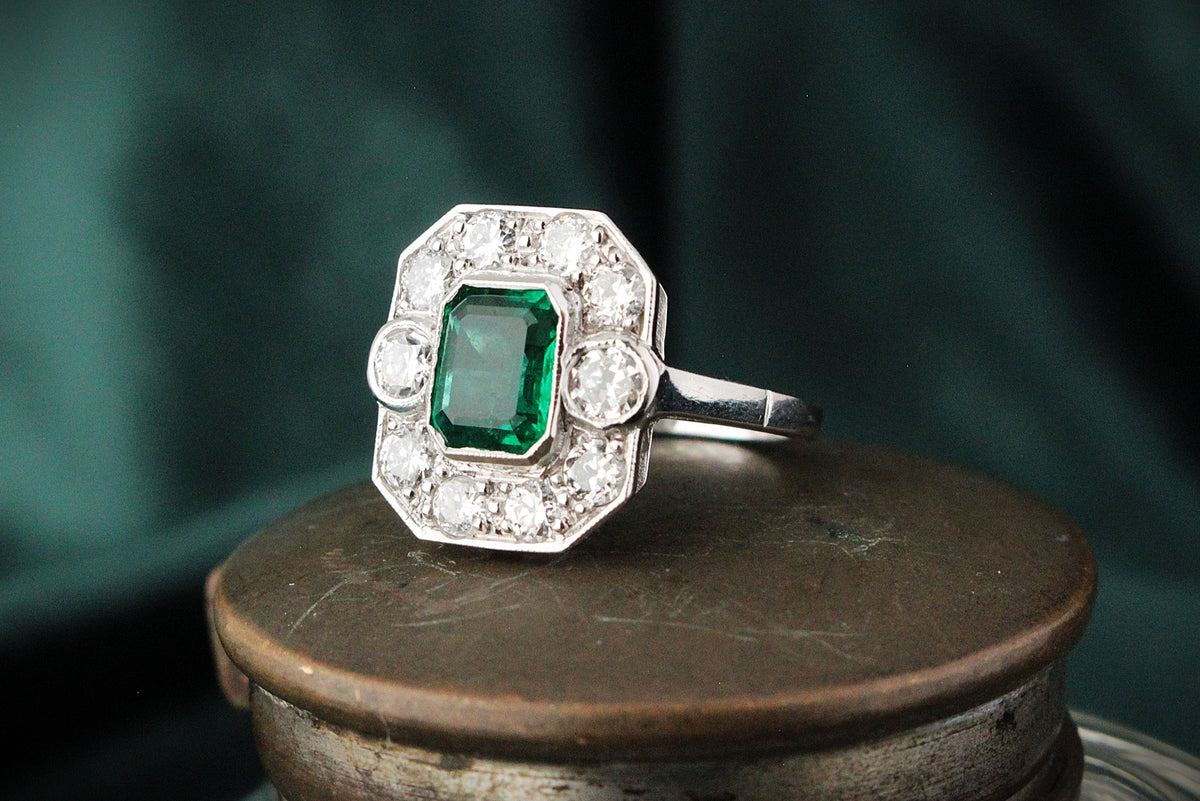 ART DECO c1920 EMERALD & DIAMOND RING 18ct GOLD