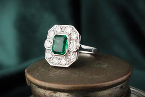 ART DECO c1920 EMERALD & DIAMOND RING 18ct GOLD