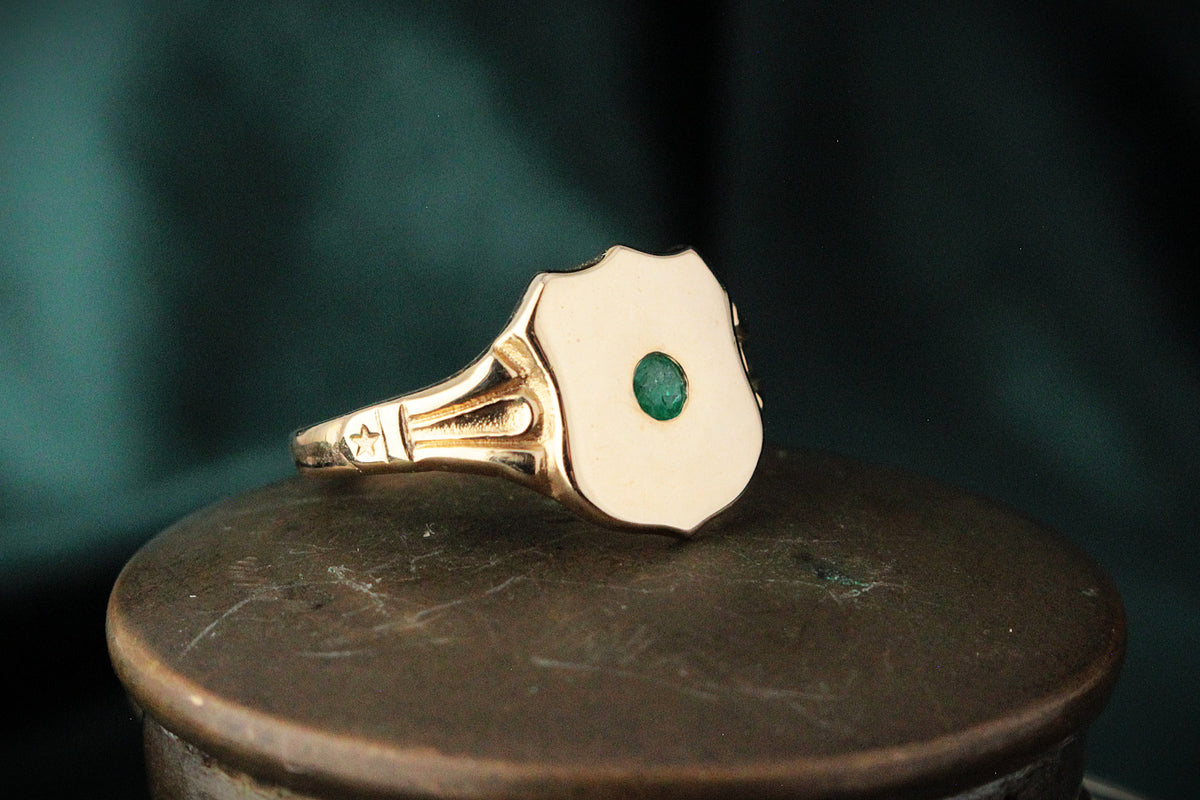 CUSTOM R&V EMERALD SHIELD SIGNET RING 9ct GOLD