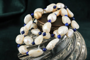 BESPOKE BAROQUE PEARL & LAPIS LAZULI NECKLACE 14ct GOLD