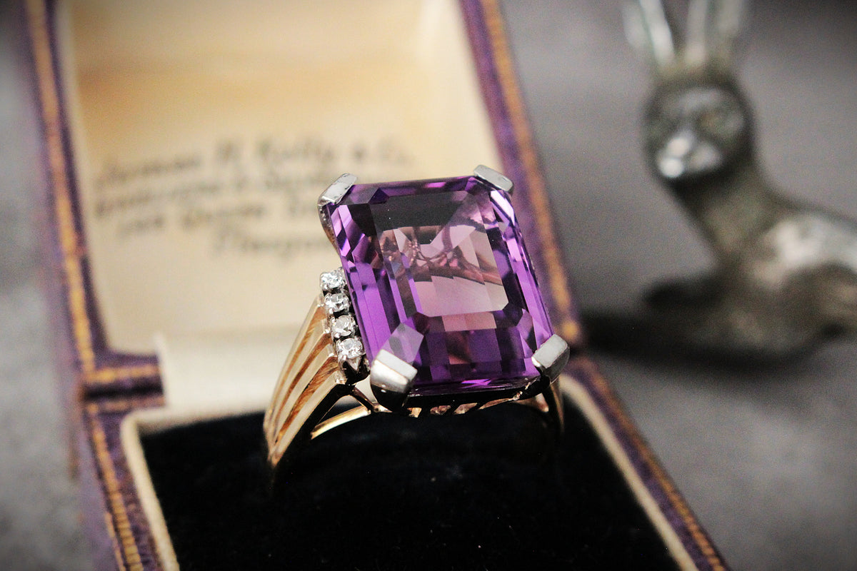 VINTAGE 12.50ct AMETHYST &amp; DIAMOND COCKTAIL RING 18ct GOLD