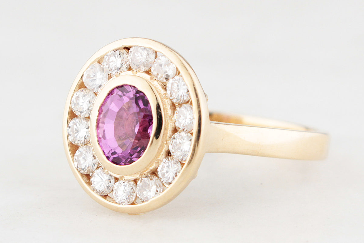 PINK SAPPHIRE &amp; DIAMOND HALO RING 14ct GOLD