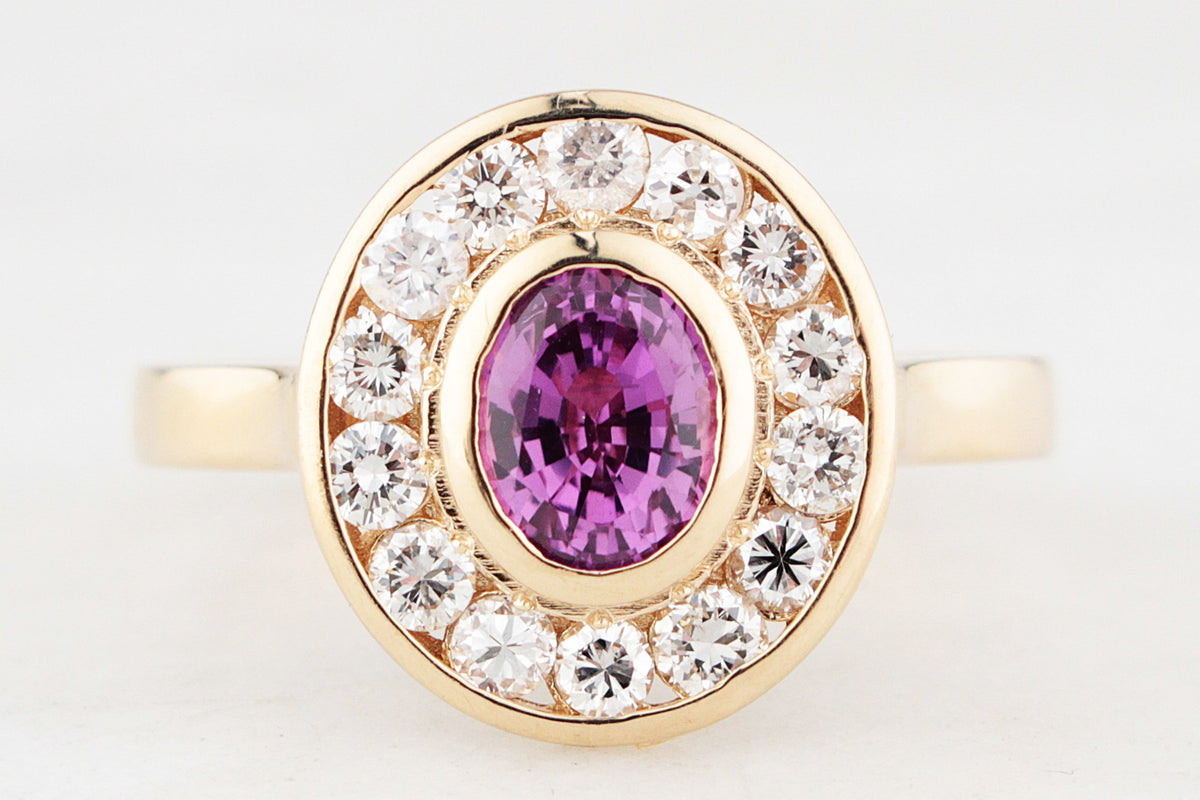 PINK SAPPHIRE &amp; DIAMOND HALO RING 14ct GOLD