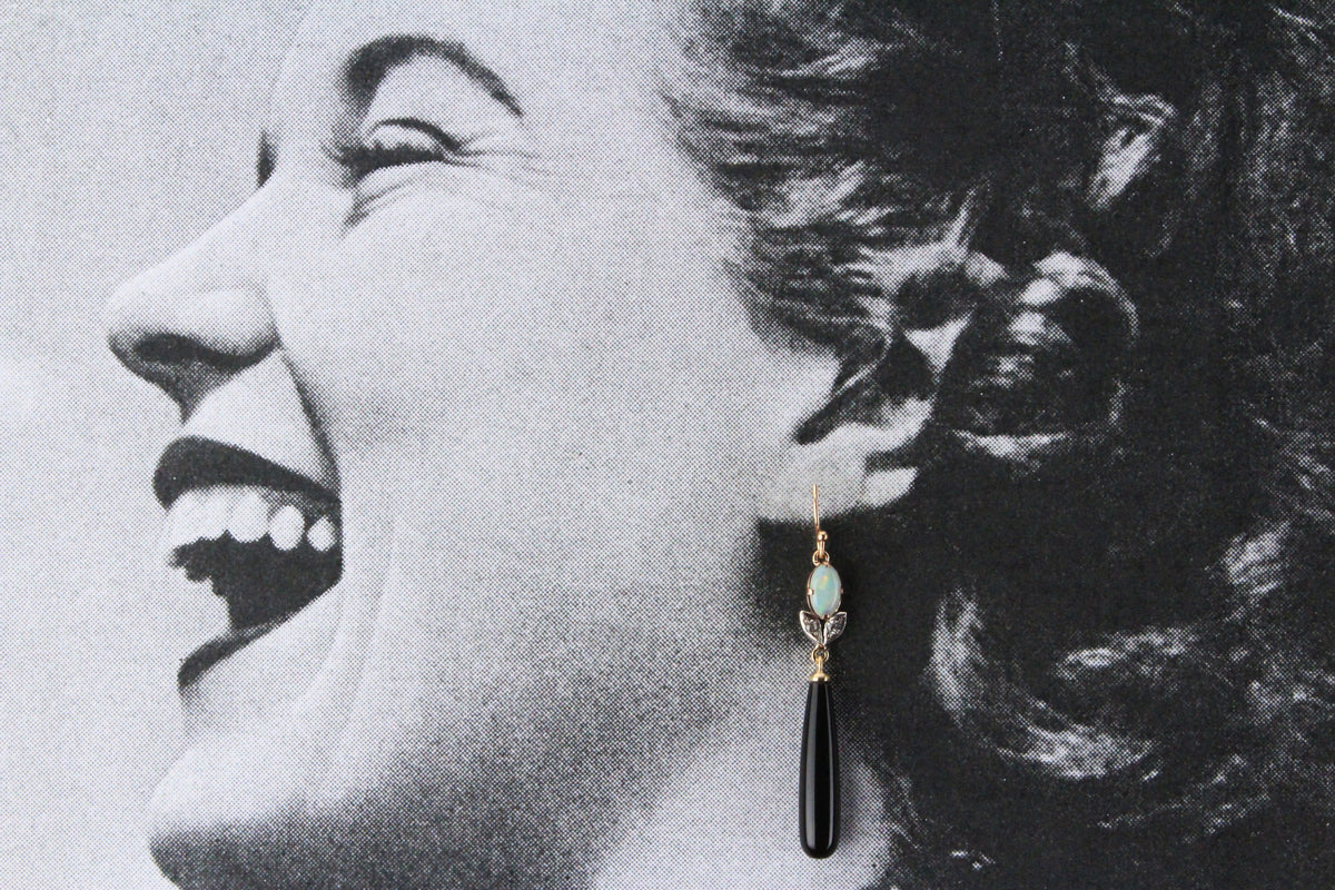 BESPOKE OPAL DIAMOND &amp; ONYX EARRINGS 9ct GOLD