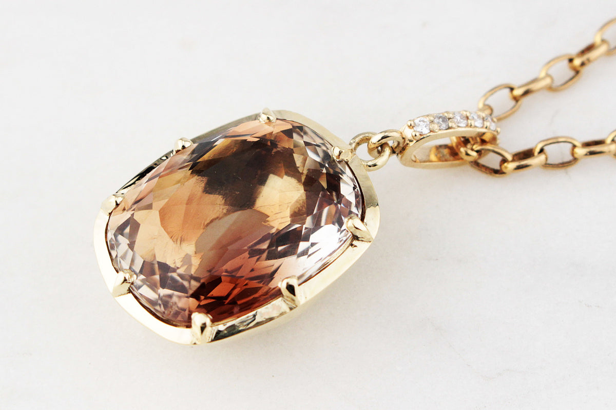 BESPOKE 16.95ct IMPERIAL TOPAZ &amp; DIAMOND PENDANT 14ct GOLD