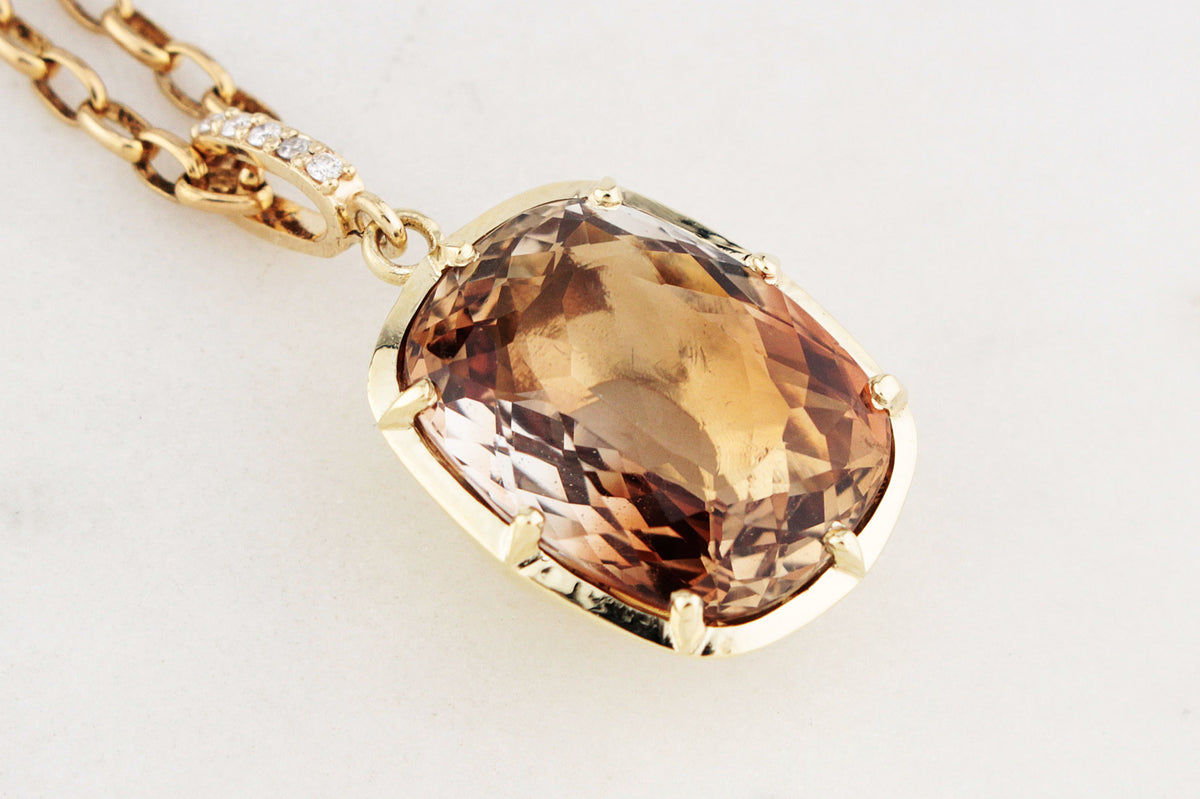 BESPOKE 16.95ct IMPERIAL TOPAZ &amp; DIAMOND PENDANT 14ct GOLD