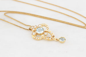 VINTAGE ANTIQUE REVIVAL AQUAMARINE & SPLIT PEARL PENDANT 9ct GOLD