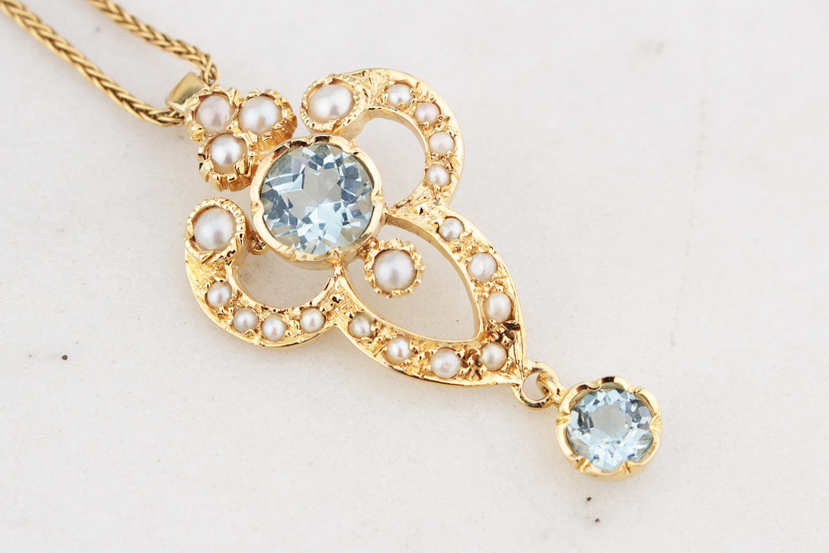 VINTAGE ANTIQUE REVIVAL AQUAMARINE &amp; SPLIT PEARL PENDANT 9ct GOLD