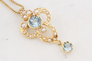 VINTAGE ANTIQUE REVIVAL AQUAMARINE & SPLIT PEARL PENDANT 9ct GOLD