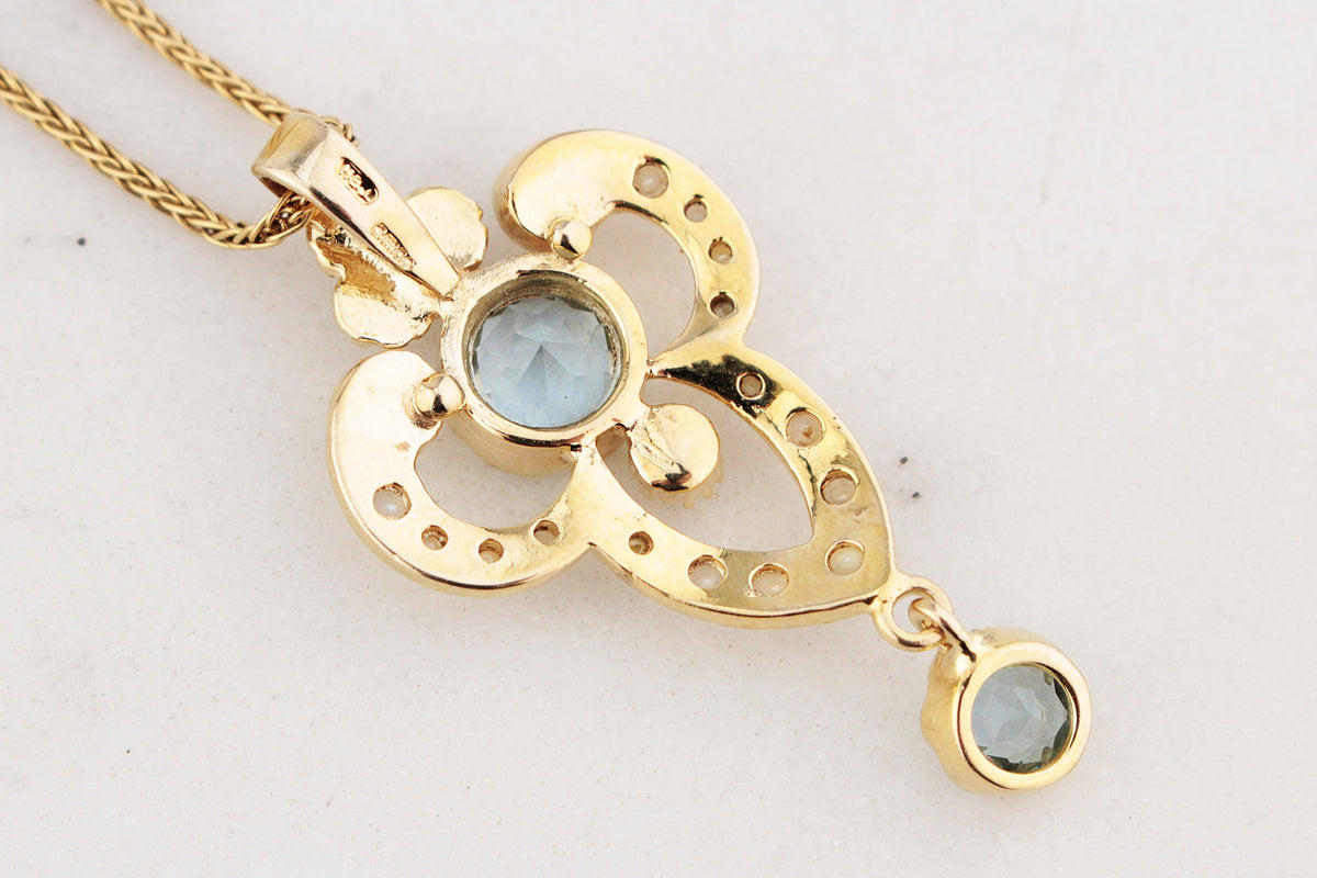 VINTAGE ANTIQUE REVIVAL AQUAMARINE &amp; SPLIT PEARL PENDANT 9ct GOLD
